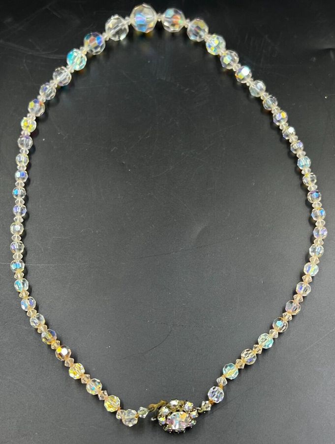 Antique Vintage Art Deco Czech Crystal Aurora Borealis Necklace Graduated Facet Cut