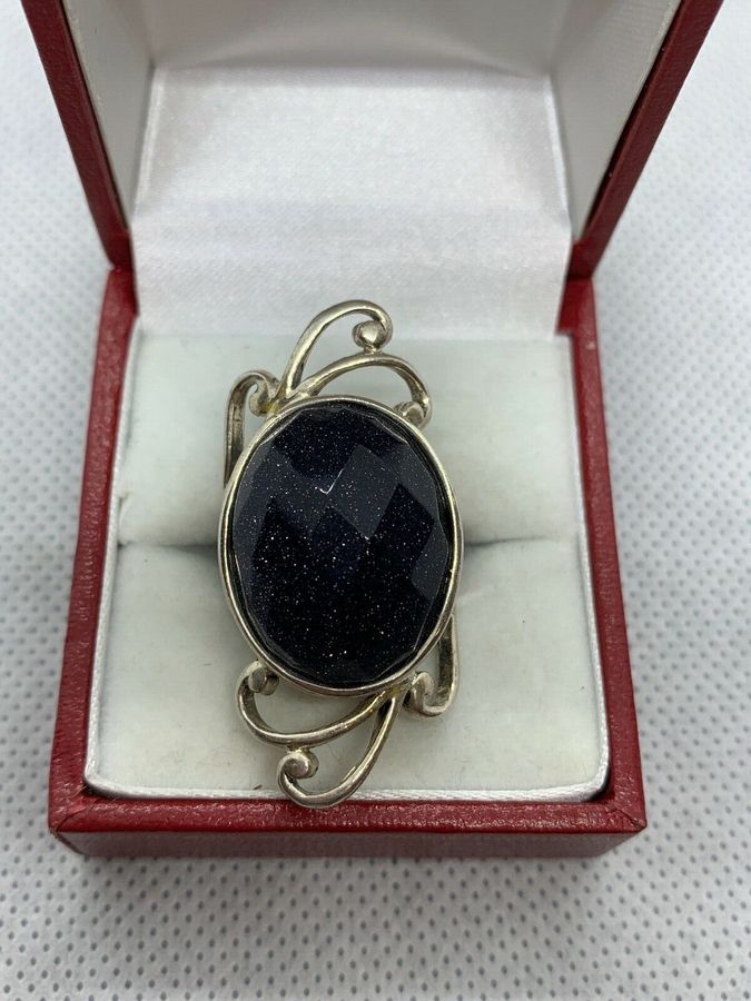 Antique Vintage  Art Deco Large Solid Silver Ring Set with Blue Goldstone  Size M