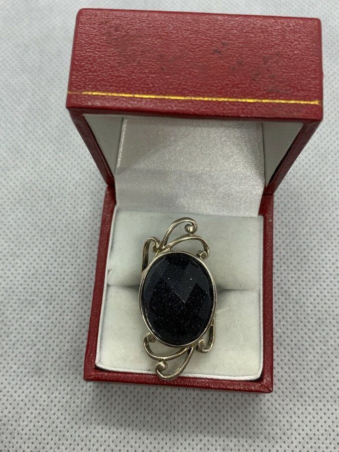 Antique Vintage  Art Deco Large Solid Silver Ring Set with Blue Goldstone  Size M