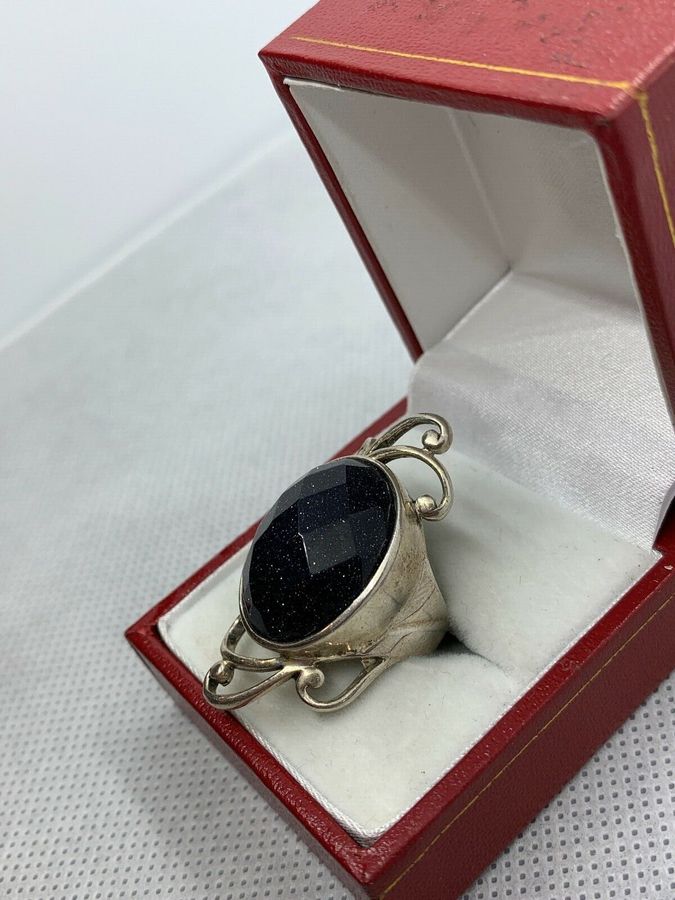 Antique Vintage  Art Deco Large Solid Silver Ring Set with Blue Goldstone  Size M