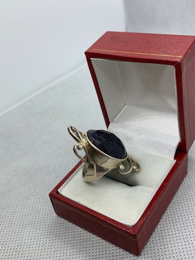 Antique Vintage  Art Deco Large Solid Silver Ring Set with Blue Goldstone  Size M