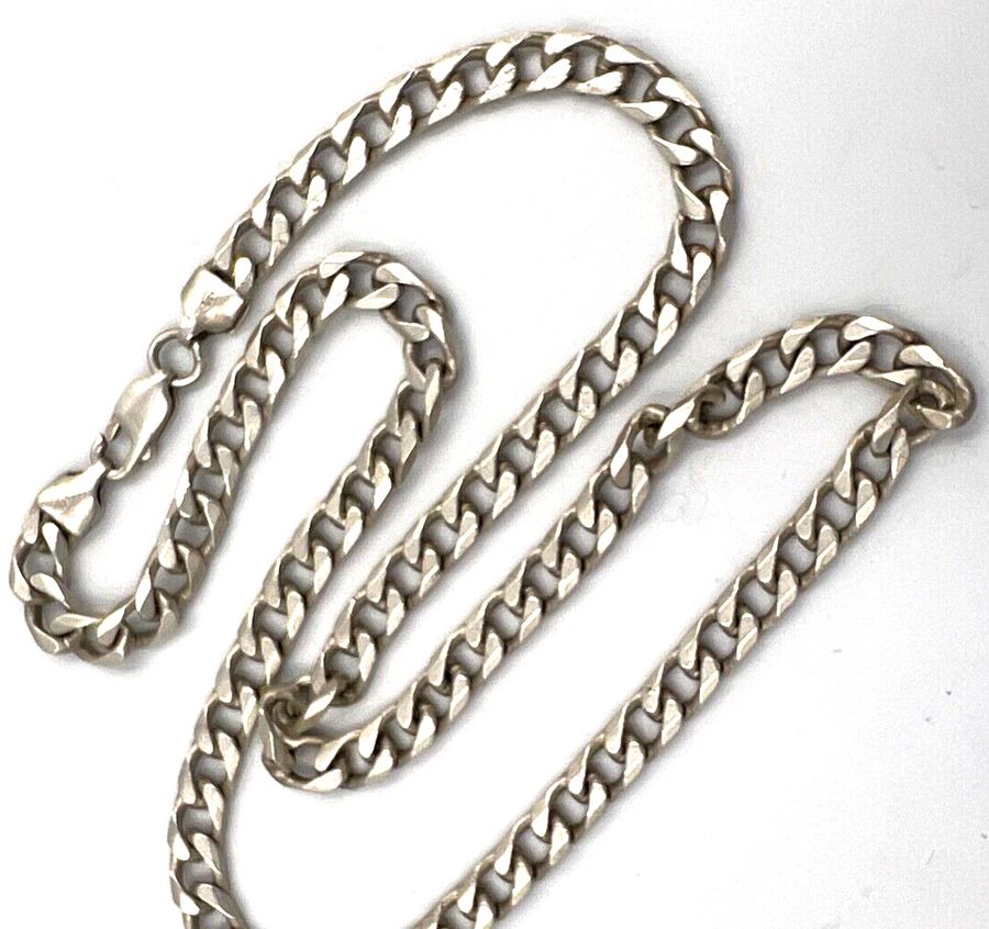 Antique Vintage Solid Silver 925 Curb Link Thick Chain Necklace