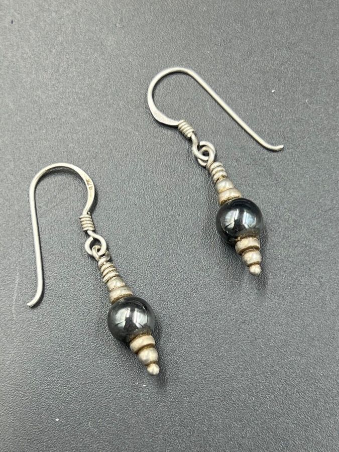 Antique Vintage Hallmarked Silver & Hematite  Drop Earrings Pierced Ears