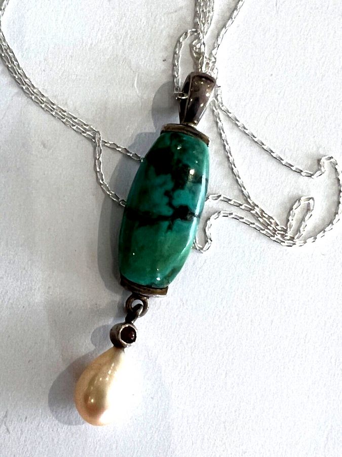 Antique Antique Solid Silver Pendant Set with Garnet Natural Pearl Teardrop  & Turquoise