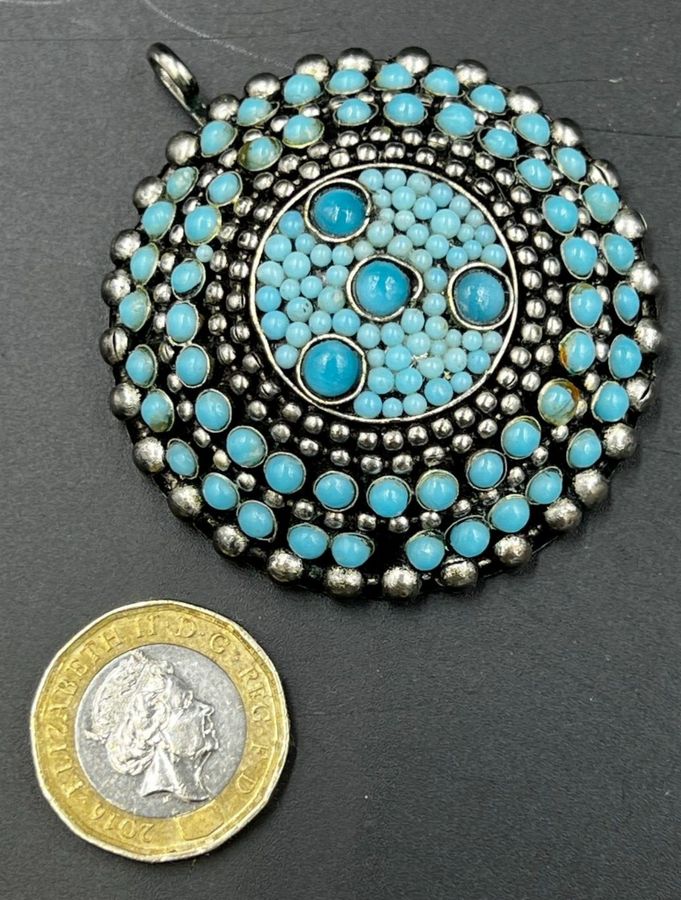 Antique Antique Very Large White Metal & Czech Turquoise Domed Pendant Navajo Zuni