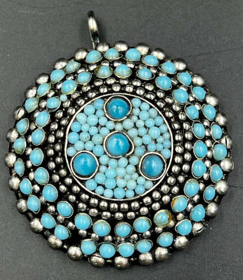 Antique Antique Very Large White Metal & Czech Turquoise Domed Pendant Navajo Zuni