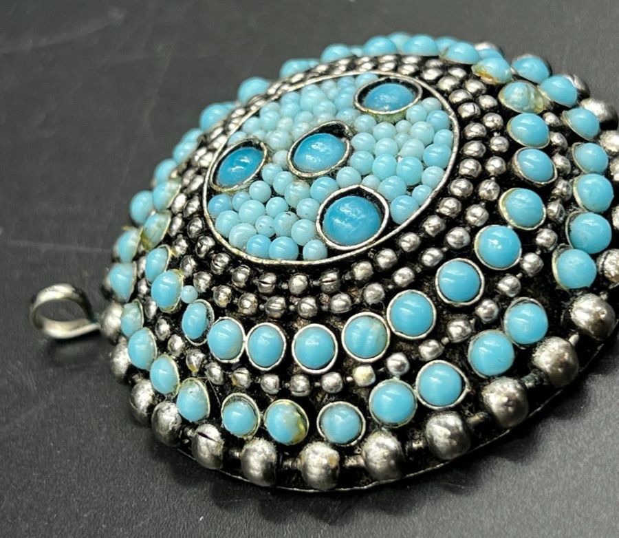 Antique Antique Very Large White Metal & Czech Turquoise Domed Pendant Navajo Zuni