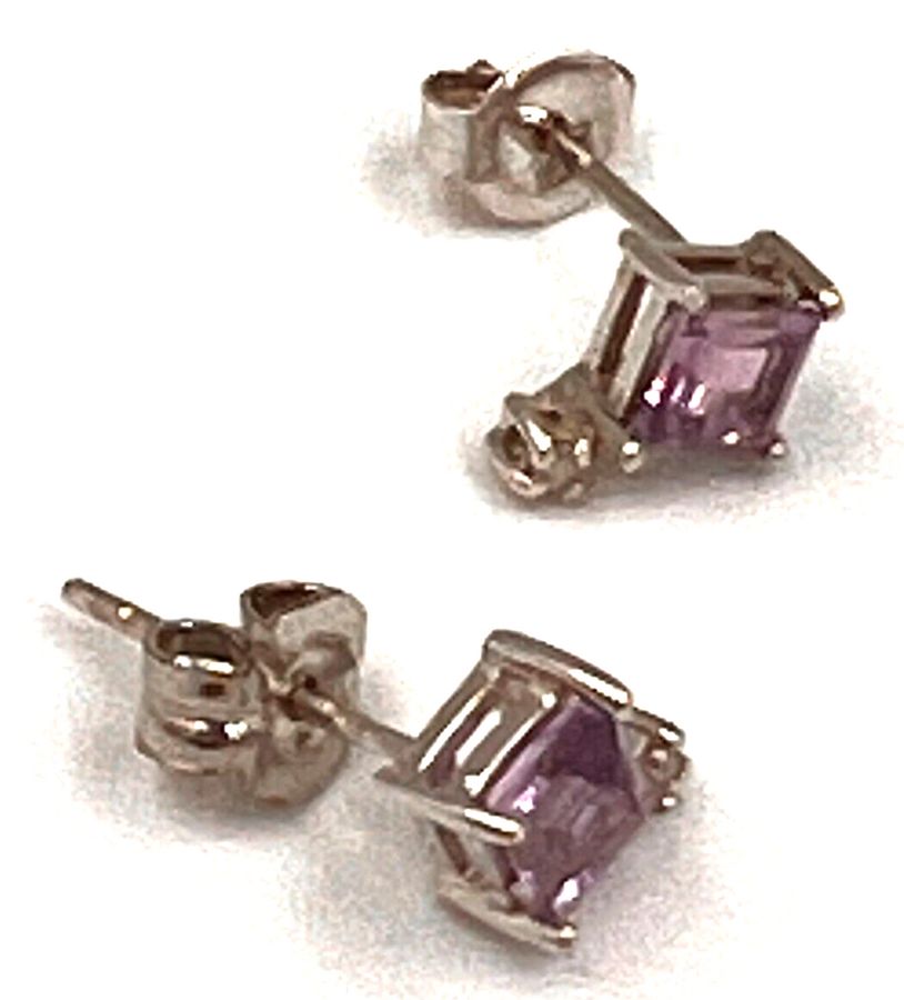 Antique Vintage 9CT White Gold Amethyst & Diamond Stud Earrings Pierced Ears