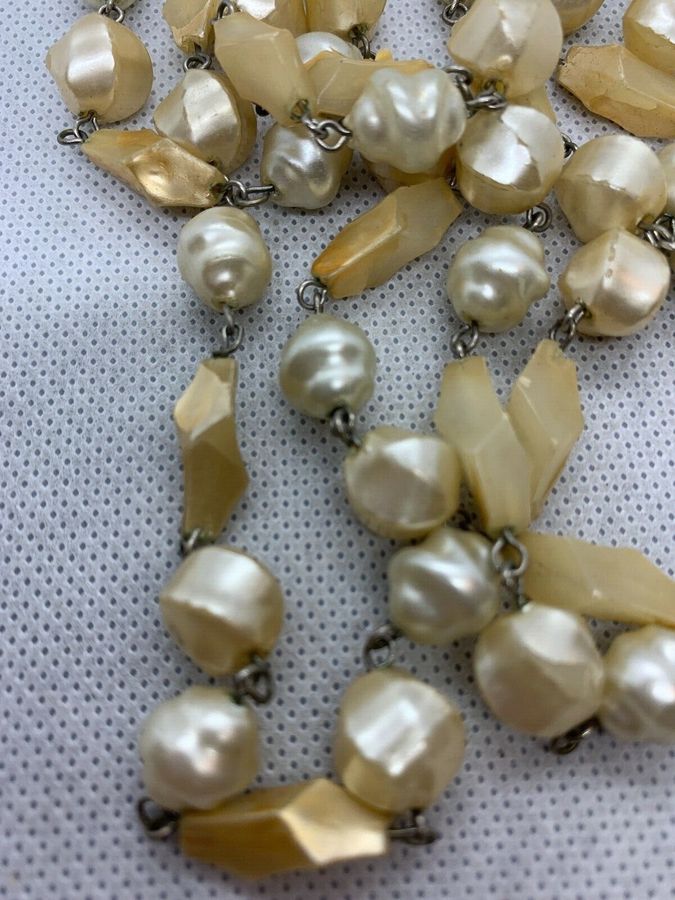 Antique Vintage Art Deco Bakelite Baroque Angulare Pearl Long Necklace