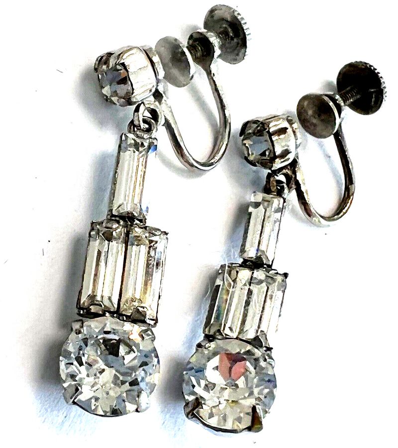 Antique Antique Art Deco 1920s Drop Earrings Baguette cut stones Screw Back