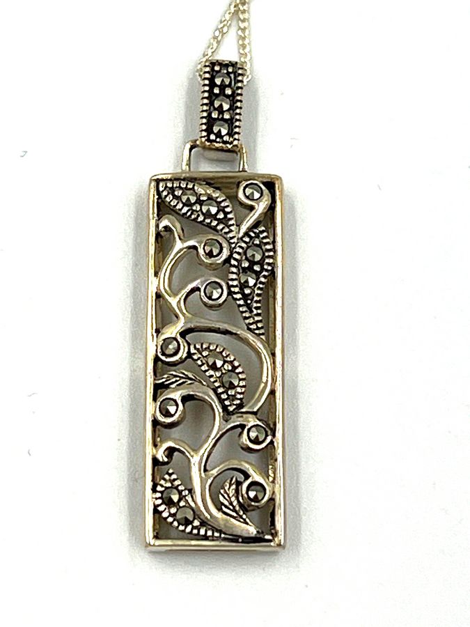 Antique Vintage Hallmarked Silver Pendant Art Deco Set with Marcasite on a silver Chain