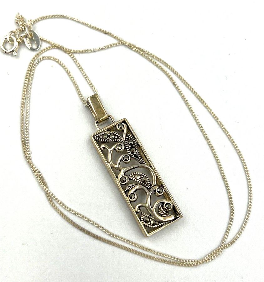 Antique Vintage Hallmarked Silver Pendant Art Deco Set with Marcasite on a silver Chain