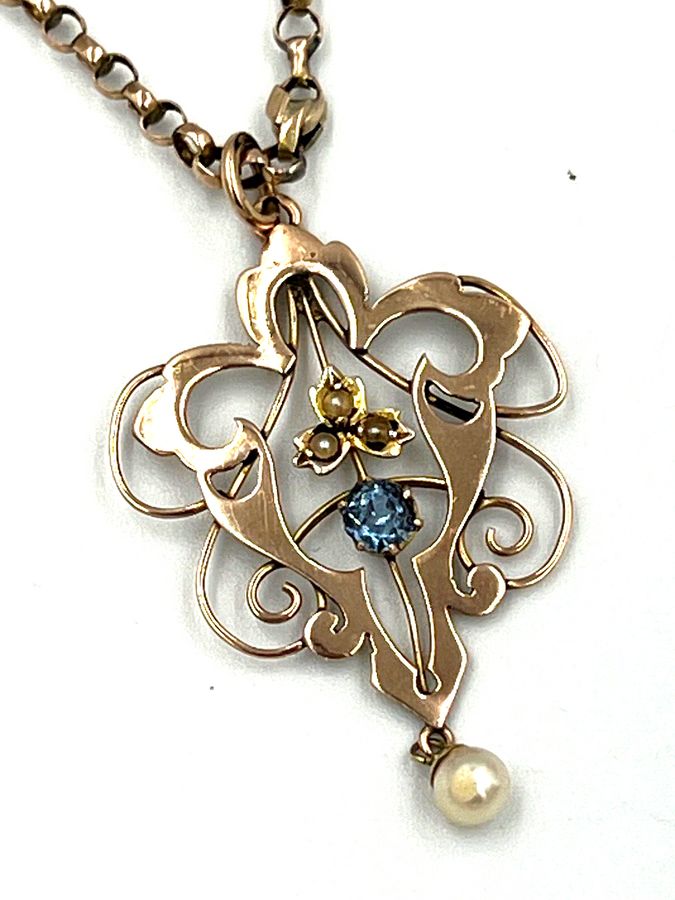 Antique Art Nouveau 9CT Openwork Seed Pearl And Topaz Pendant  and Antique 9CT Chain