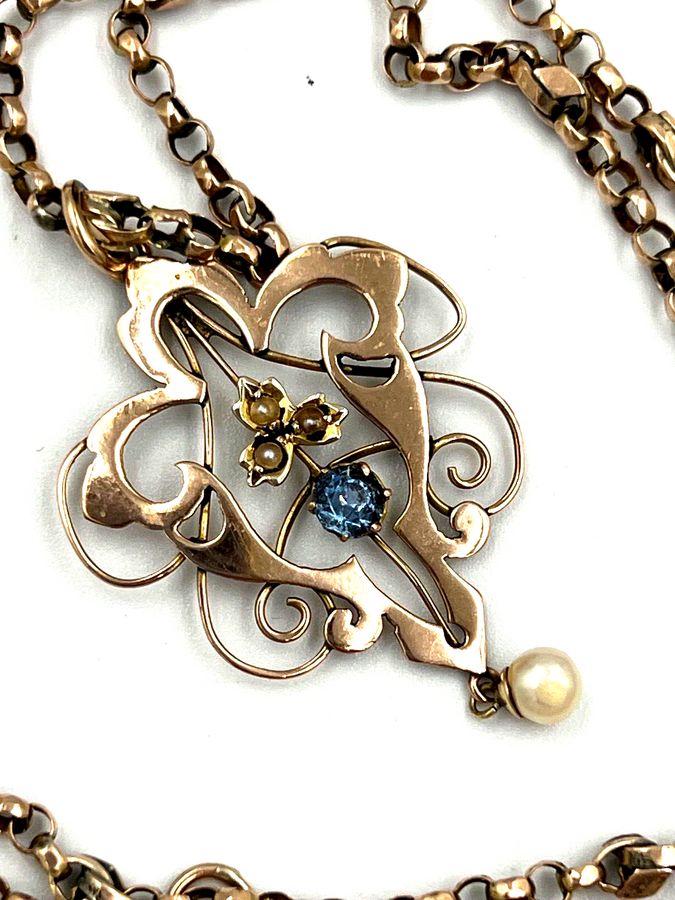 Antique Art Nouveau 9CT Openwork Seed Pearl And Topaz Pendant  and Antique 9CT Chain