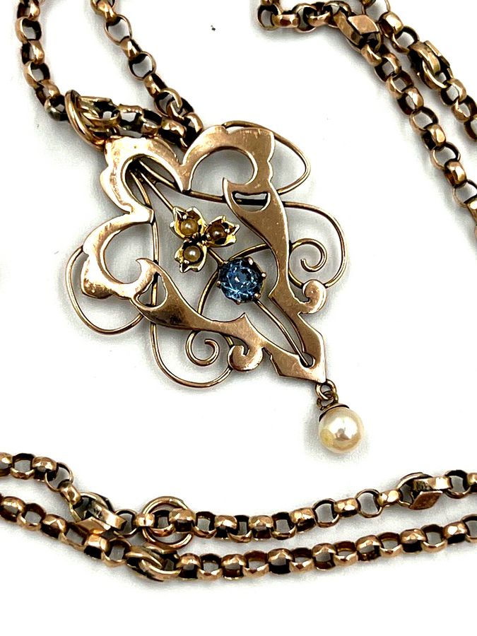 Antique Art Nouveau 9CT Openwork Seed Pearl And Topaz Pendant  and Antique 9CT Chain