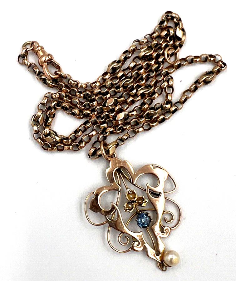 Antique Art Nouveau 9CT Openwork Seed Pearl And Topaz Pendant  and Antique 9CT Chain