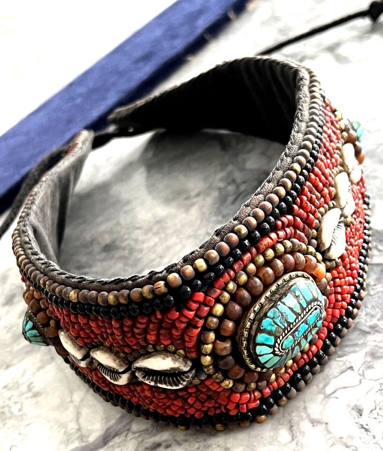 Antique Rare Antique Hand Made Tribal Belt Natural Coral Obsidian Turquoise and Silver