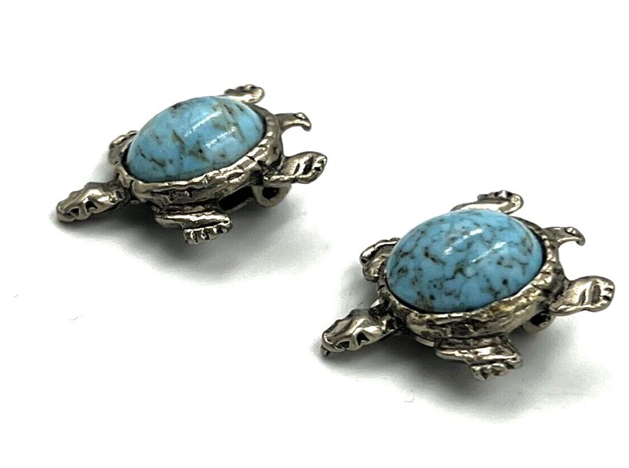 Antique Vintage Turquoise Matrix Cabochon Earrings Clip On Tortoise Turtle Shape