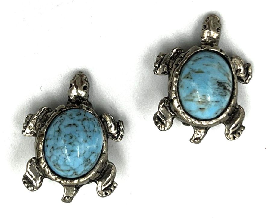 Antique Vintage Turquoise Matrix Cabochon Earrings Clip On Tortoise Turtle Shape