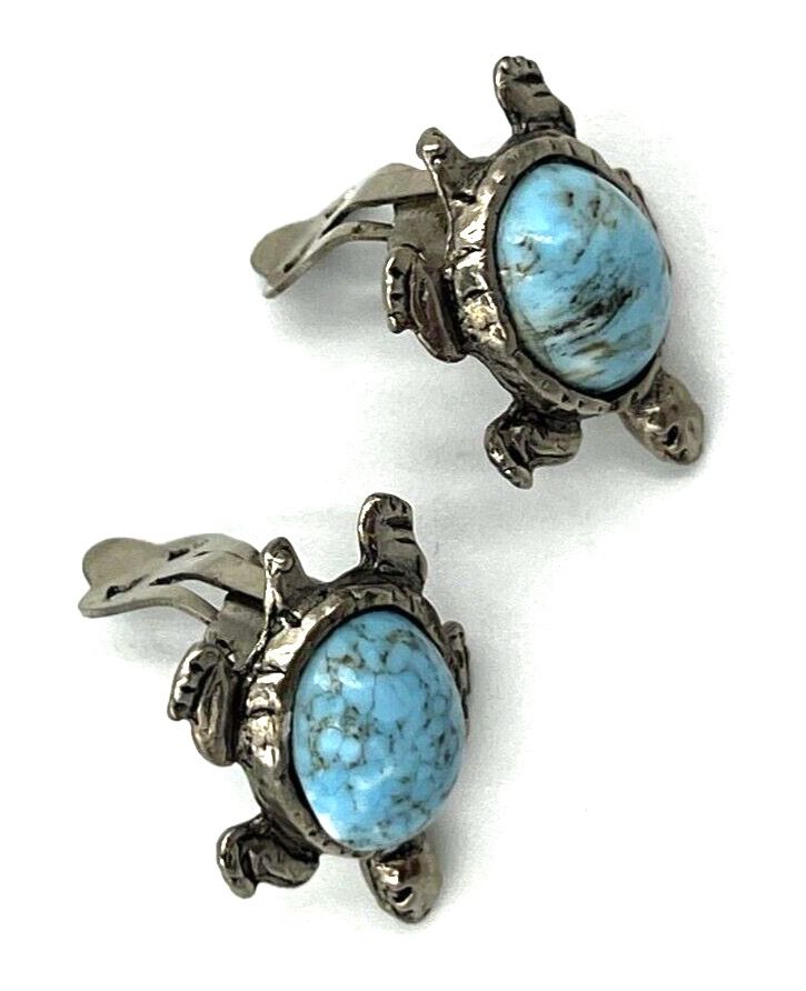 Antique Vintage Turquoise Matrix Cabochon Earrings Clip On Tortoise Turtle Shape