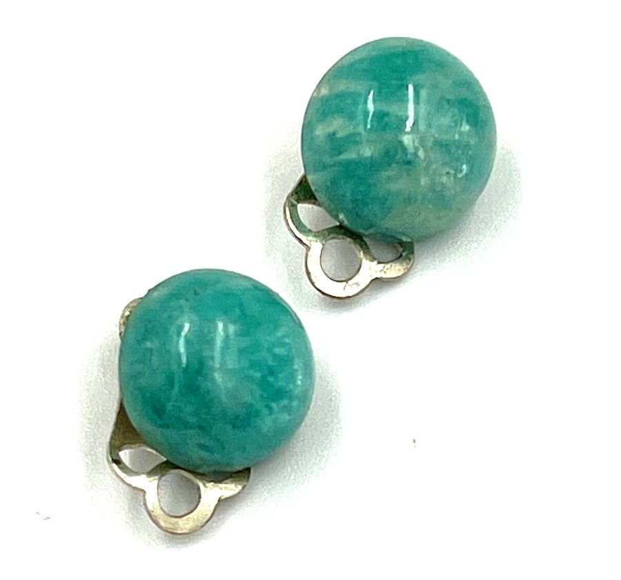 Antique Antique Amazonite Cabochon Silver Earrings Clip On Circa 1930s Hallmarked