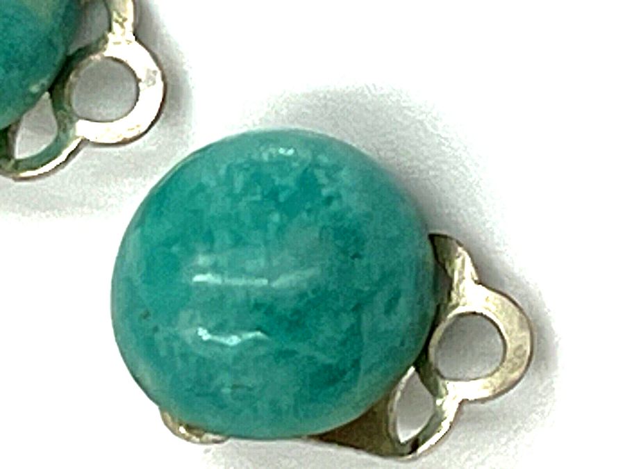 Antique Antique Amazonite Cabochon Silver Earrings Clip On Circa 1930s Hallmarked