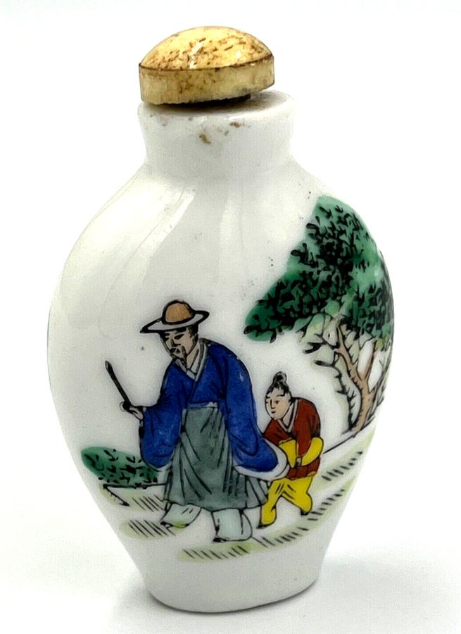 Antique Antique Chinese  Painted Porcelain Scent Snuff Bottle Signed on  Base