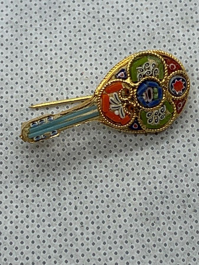 Antique Vintage Art Deco Italian Micro Mosaic Mandolin Brooch Pin