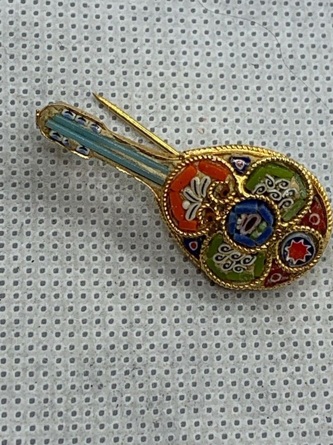 Antique Vintage Art Deco Italian Micro Mosaic Mandolin Brooch Pin