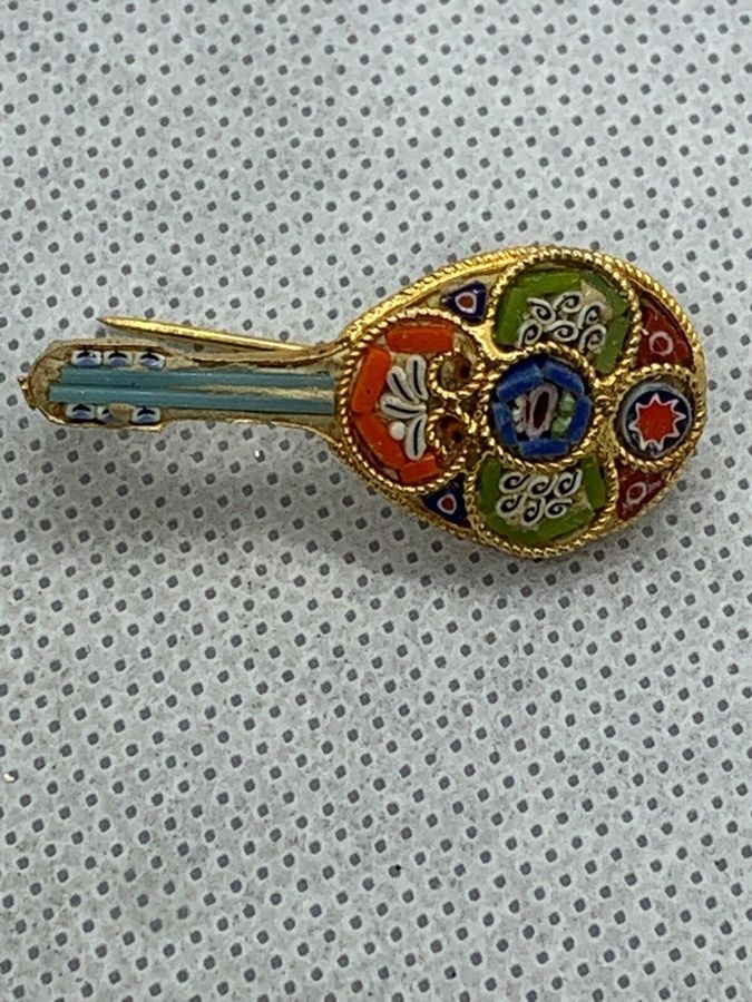 Antique Vintage Art Deco Italian Micro Mosaic Mandolin Brooch Pin