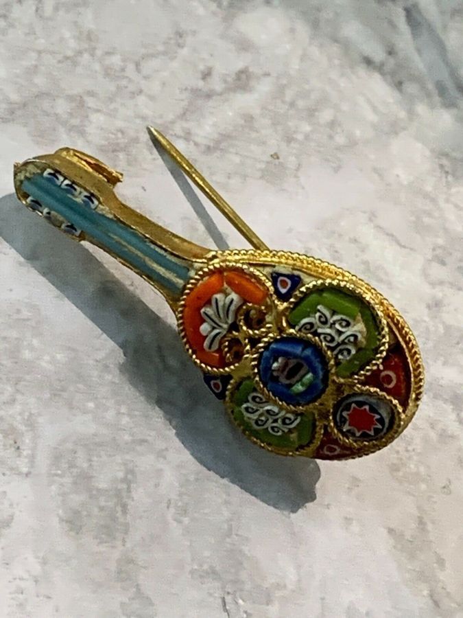 Antique Vintage Art Deco Italian Micro Mosaic Mandolin Brooch Pin