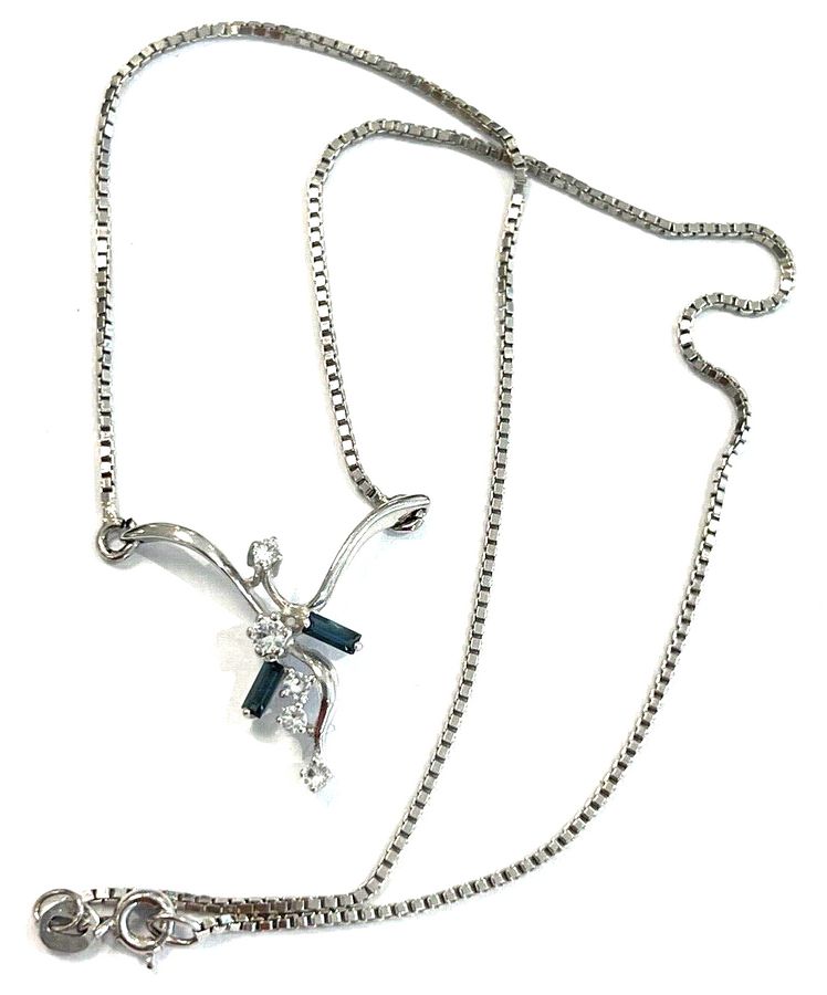 Antique Vintage Solid Silver Hallmarked Pendant Necklace set with Blue and White Stones