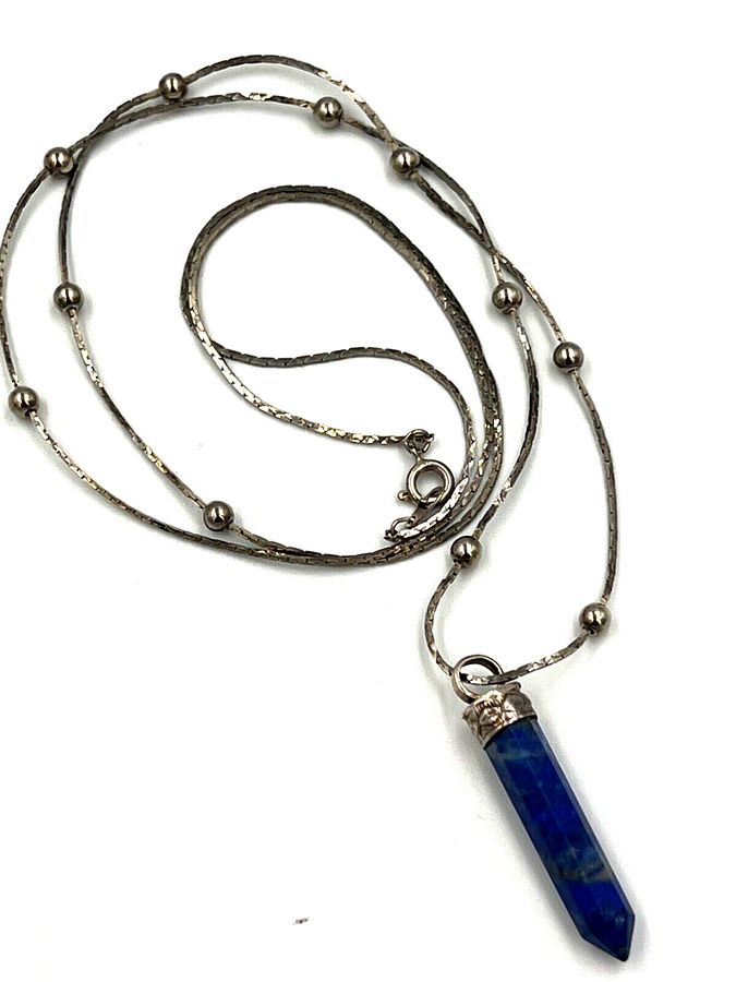 Antique Antique lapis lazuli Carved Pendant on Unusual Long Silver Snake Chain