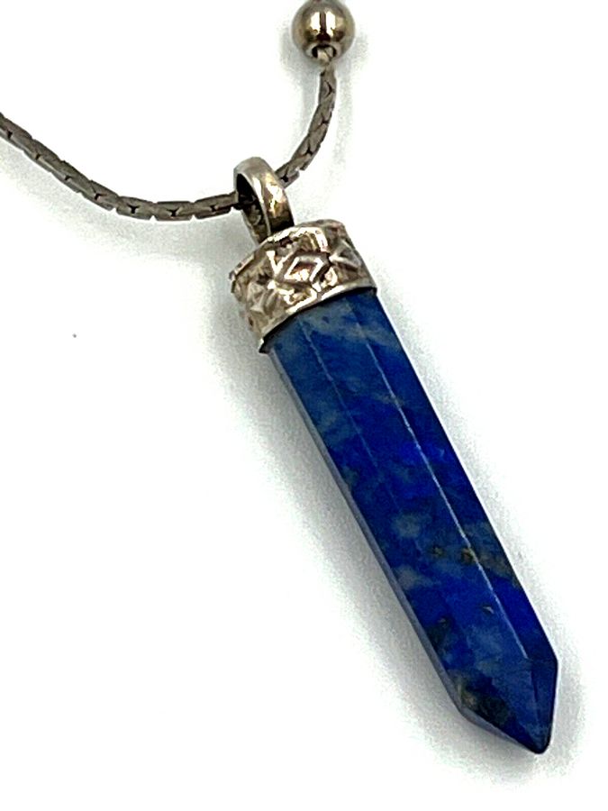 Antique Antique lapis lazuli Carved Pendant on Unusual Long Silver Snake Chain