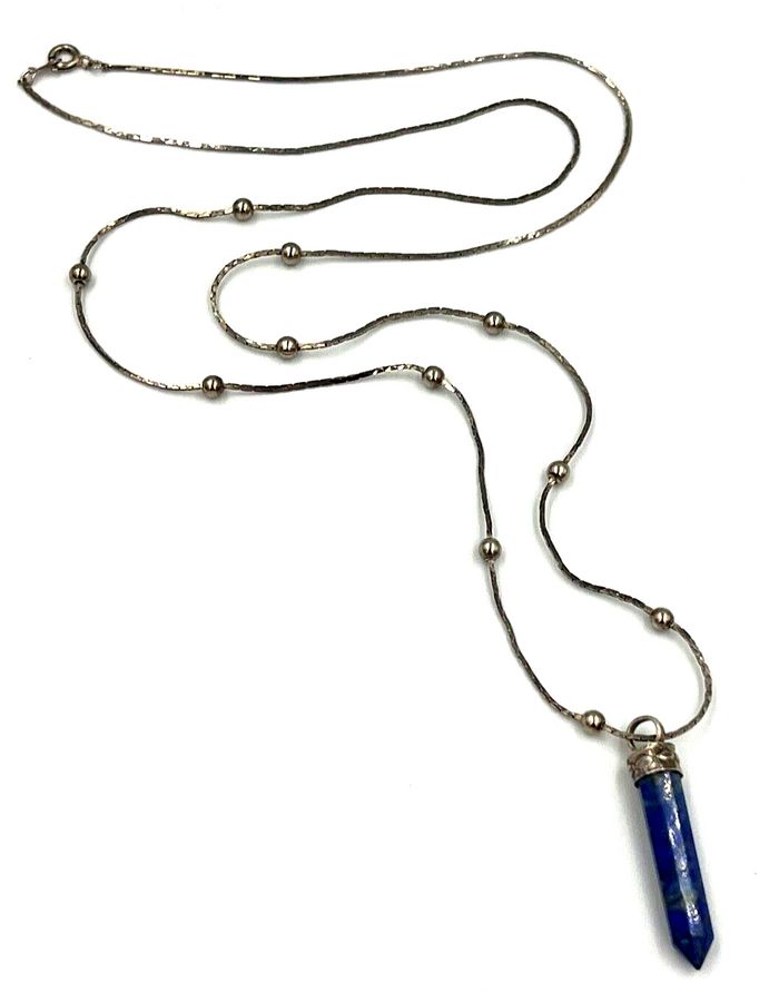 Antique Antique lapis lazuli Carved Pendant on Unusual Long Silver Snake Chain