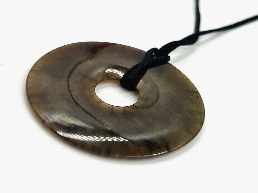 Antique Antique Chinese Art Deco Very Large Rare Brown Jade Disk Pendant on Cord