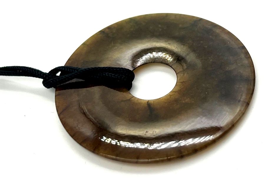 Antique Antique Chinese Art Deco Very Large Rare Brown Jade Disk Pendant on Cord