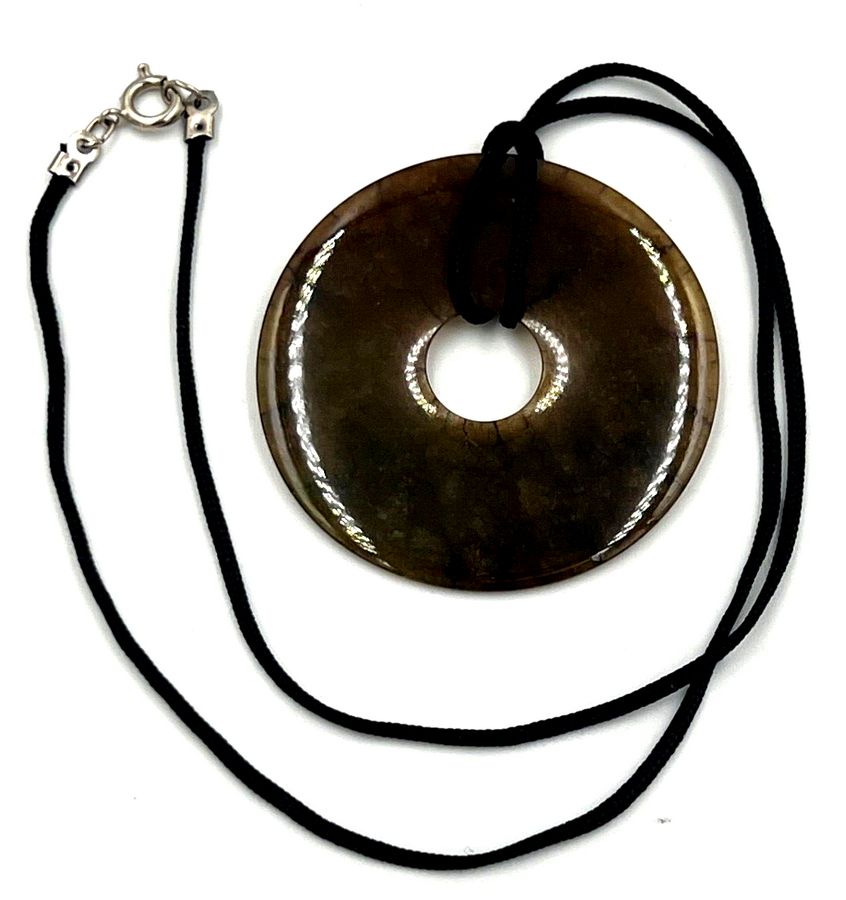 Antique Antique Chinese Art Deco Very Large Rare Brown Jade Disk Pendant on Cord