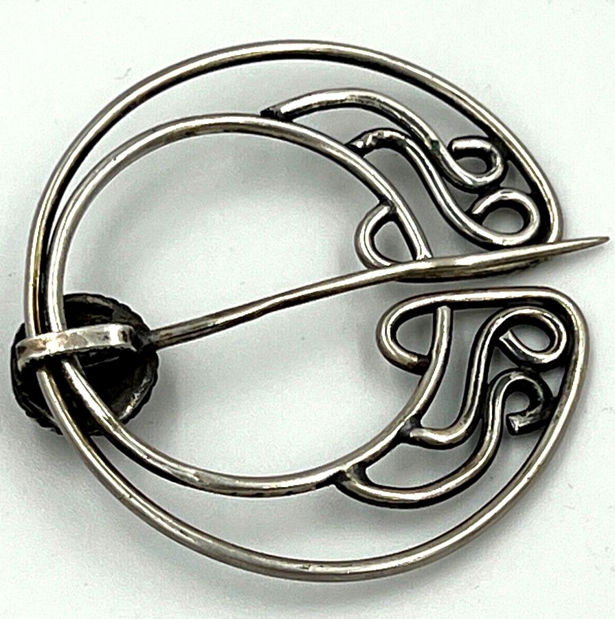 Antique Large Solid Silver Brooch Pin Set with Agate Scottish ? Celtic ? Sliding Pin