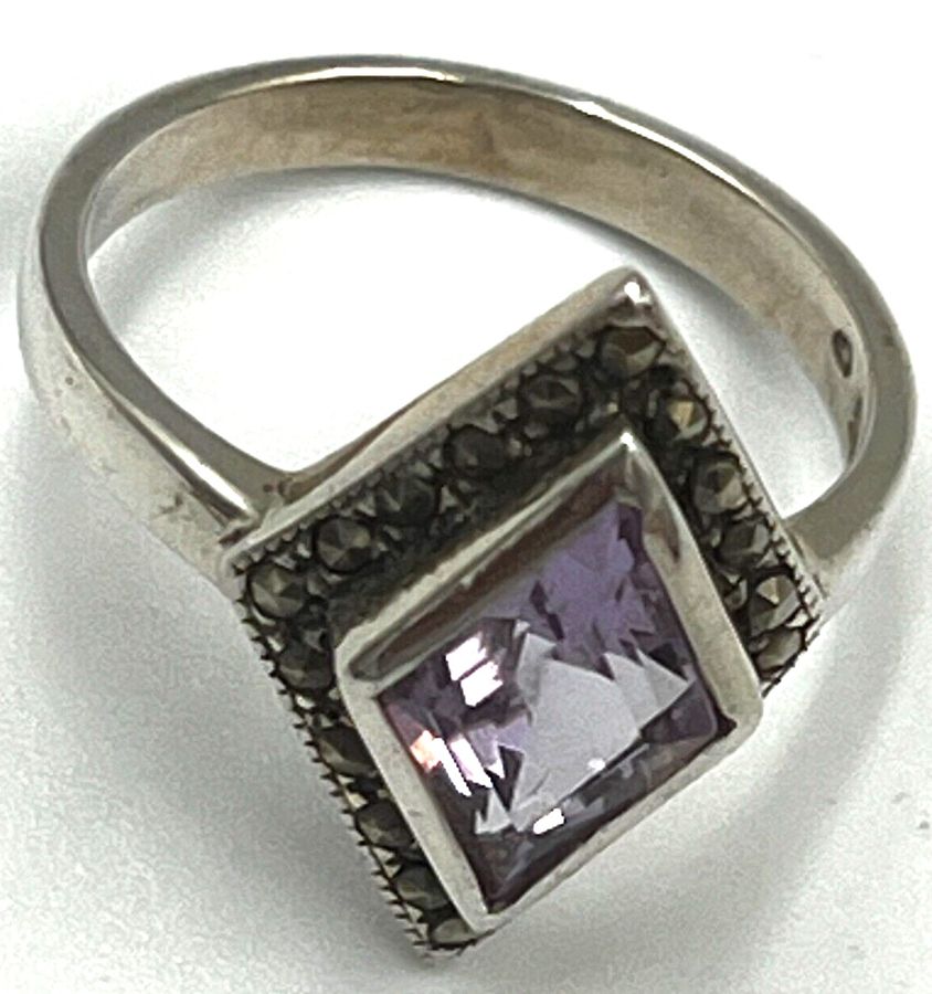 Antique Antique Art Deco Sterling Silver Amethyst & Marcasite Ring Size S