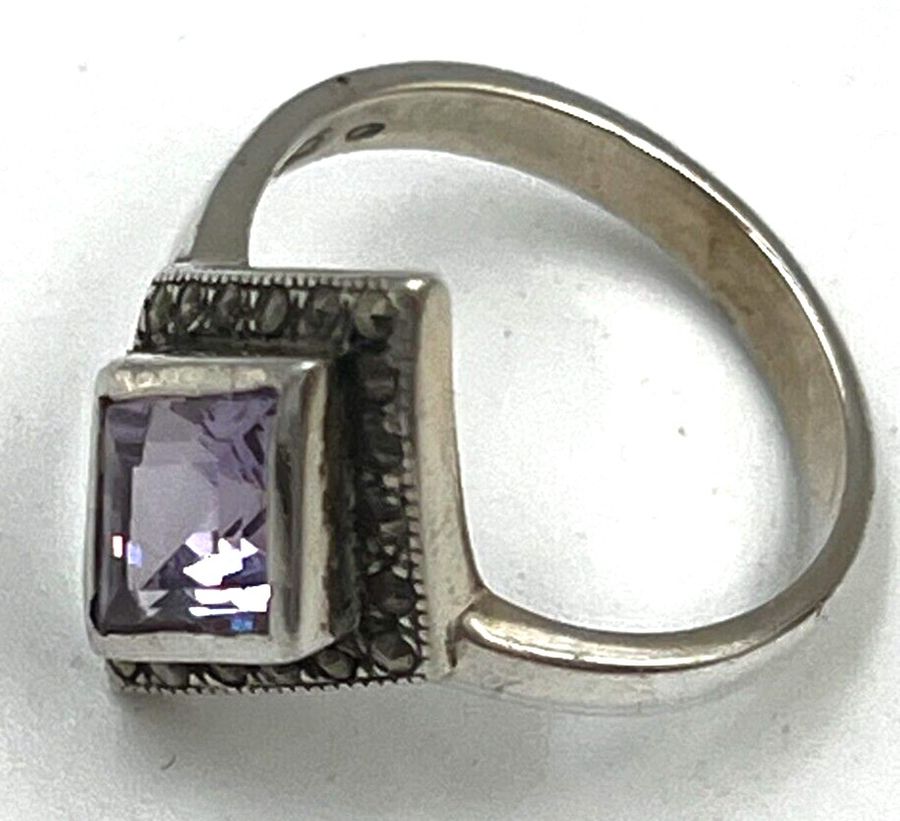 Antique Antique Art Deco Sterling Silver Amethyst & Marcasite Ring Size S