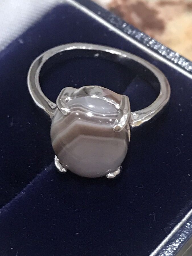 Antique Vintage Solid Silver Banded Agate Hallmarked Ring Size M