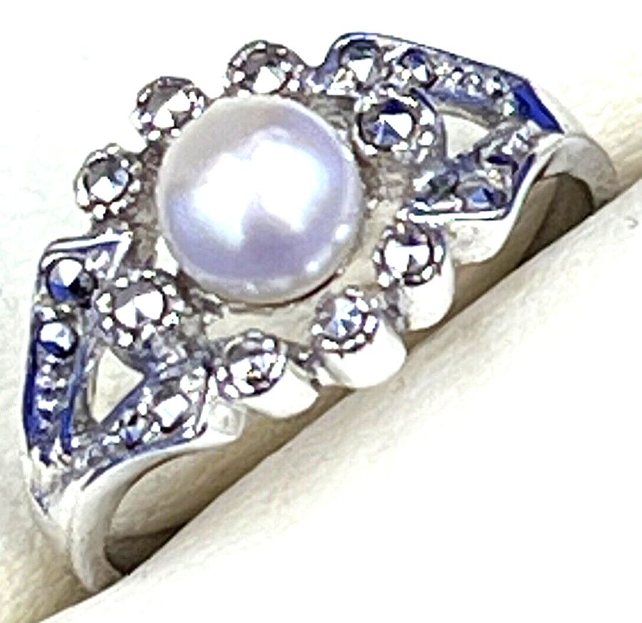 Antique Art Deco 800 Silver Ring Marcasite & Natural Pearl Size O