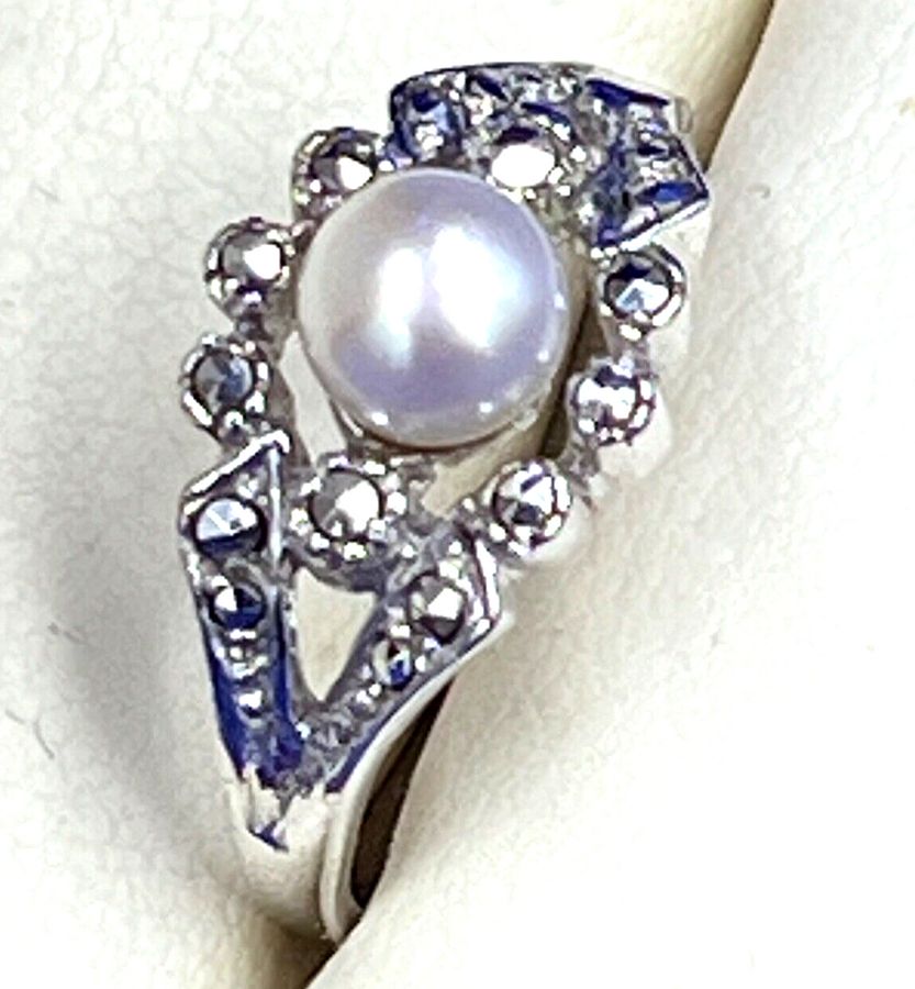 Antique Antique Art Deco 800 Silver Ring Marcasite & Natural Pearl Size O