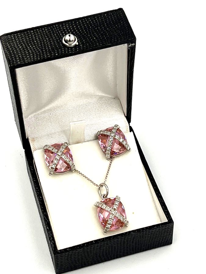 Antique Vintage Sterling Silver Italian Pink & White Sapphire Necklace & Earring Set