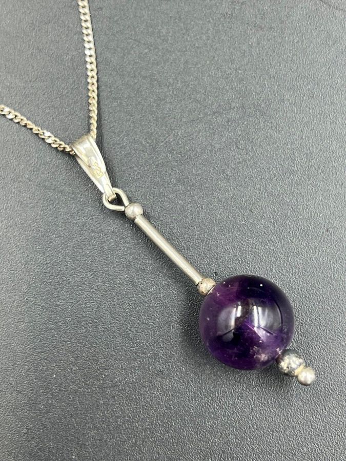 Antique Solid 925 Silver & Natural Amethyst Pendant Vintage on Silver 925 Chain