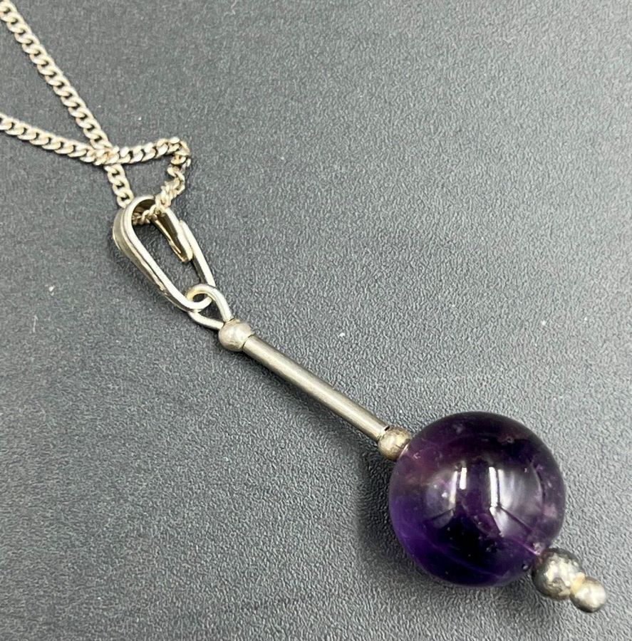 Antique Solid 925 Silver & Natural Amethyst Pendant Vintage on Silver 925 Chain