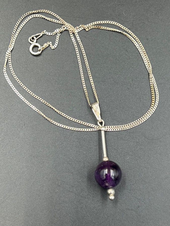 Antique Solid 925 Silver & Natural Amethyst Pendant Vintage on Silver 925 Chain