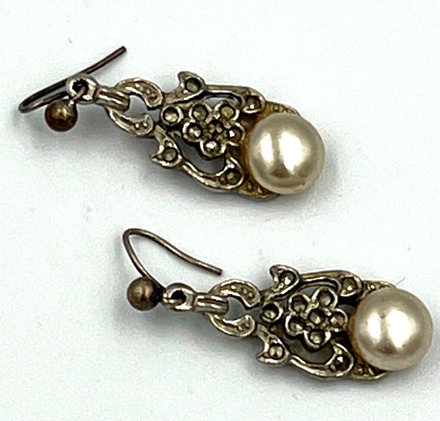 Antique Vintage Earrings set with  Pearl and Marcasite Pierced Ears Dangle Drop