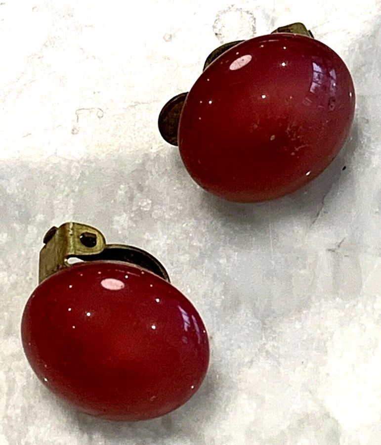 Antique Vintage Art Deco Czech Red Earrings Clip On